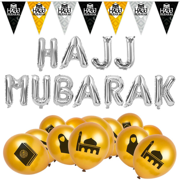 Silver Foil "Hajj Mubarak" Balloons, Hajj Bunting & 20 x Islamic Symbol Balloons: Set 1