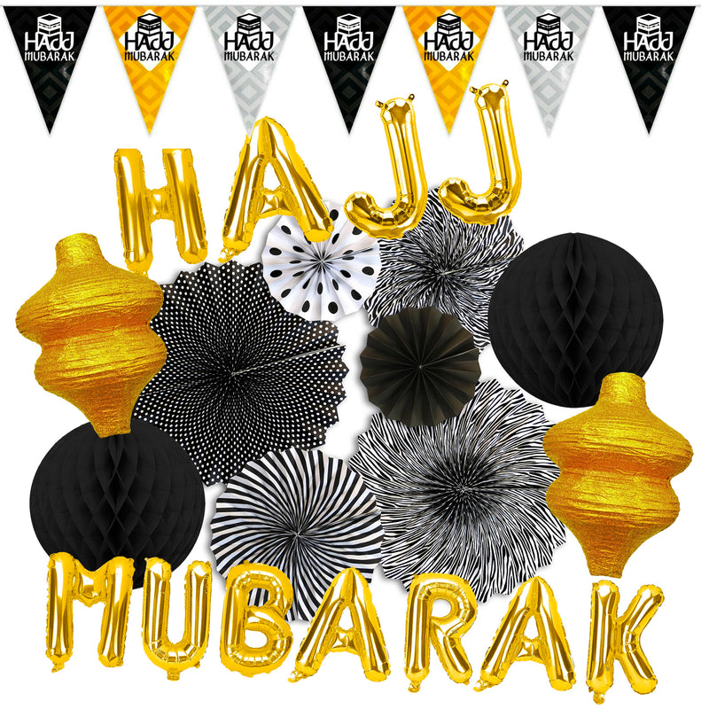 Hajj Mubarak Gold Foil Balloons, Hajj Bunting, Black/White Paper Fans, 2 x Lantern & 2 x Honeycomb Balls: Set 2