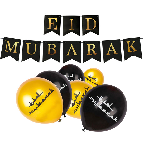 Gold & Black Eid Mubarak Balloons & Black Dovetail Eid Mubarak Bunting Set