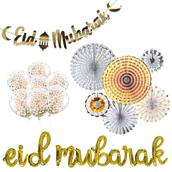 Gold & Silver 'Eid Mubarak' Gold Garland, Fans, Foil Balloon & Confetti Balloons Set (Set 22-2)