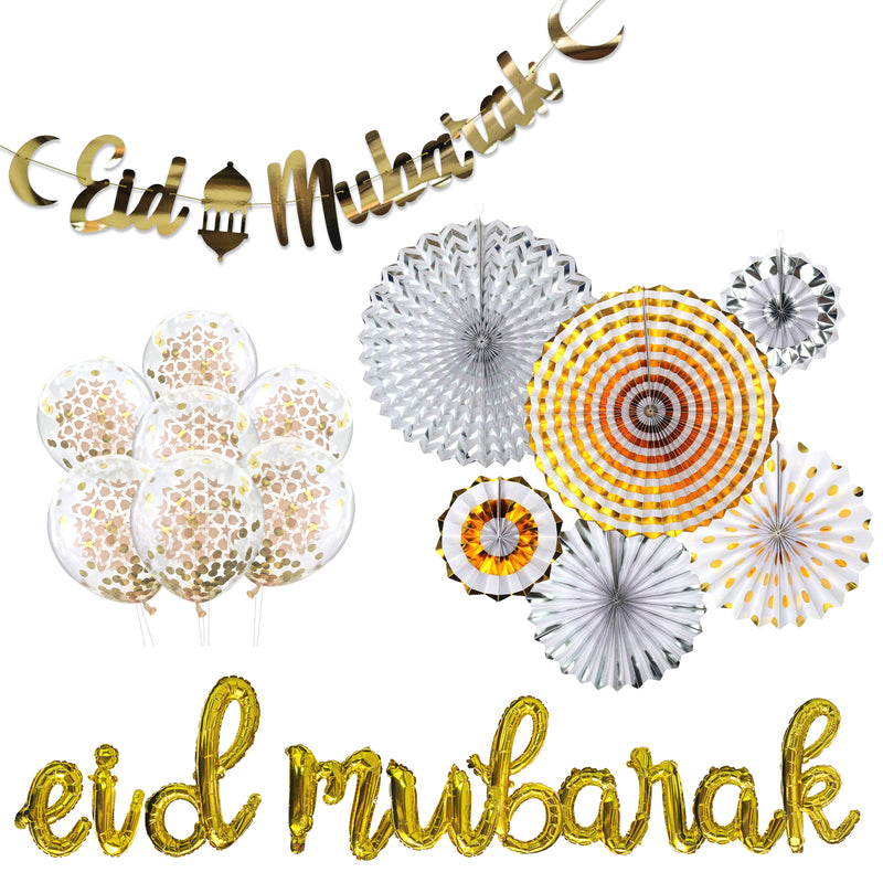 Gold & Silver 'Eid Mubarak' Gold Garland, Fans, Foil Balloon & Confetti Balloons Set (Set 22-2)