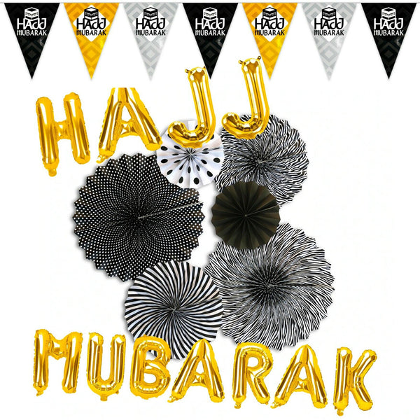 Hajj Mubarak Gold Foil Balloons, Hajj Bunting & Black/White Paper Fans Decorations: Set 3
