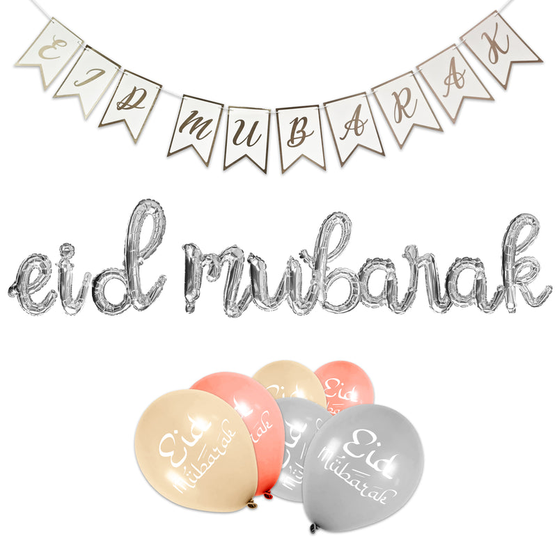 Silver & White 'Eid Mubarak' Bunting, Calligraphy Foil & Latex Balloons Set (Set 22-4)