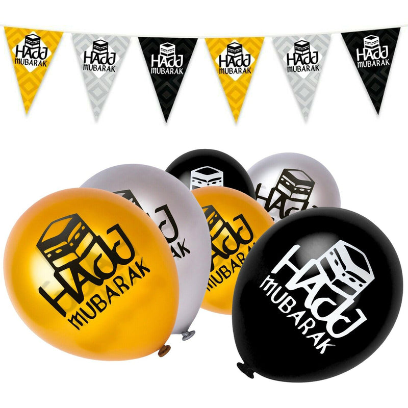 Gold, Silver & Black Hajj Mubarak Kaaba Balloons & Hajj Card Bunting : Set 4