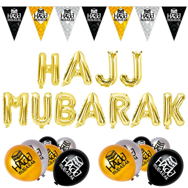 Gold Foil "Hajj Mubarak" Balloons, Hajj Bunting & 15 x Hajj Balloons: Set 6