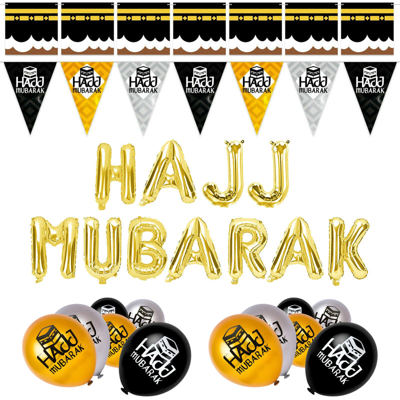 Gold Foil "Hajj Mubarak" Balloons, Hajj & Kaaba Bunting & 15 x Hajj Balloons: Set 7