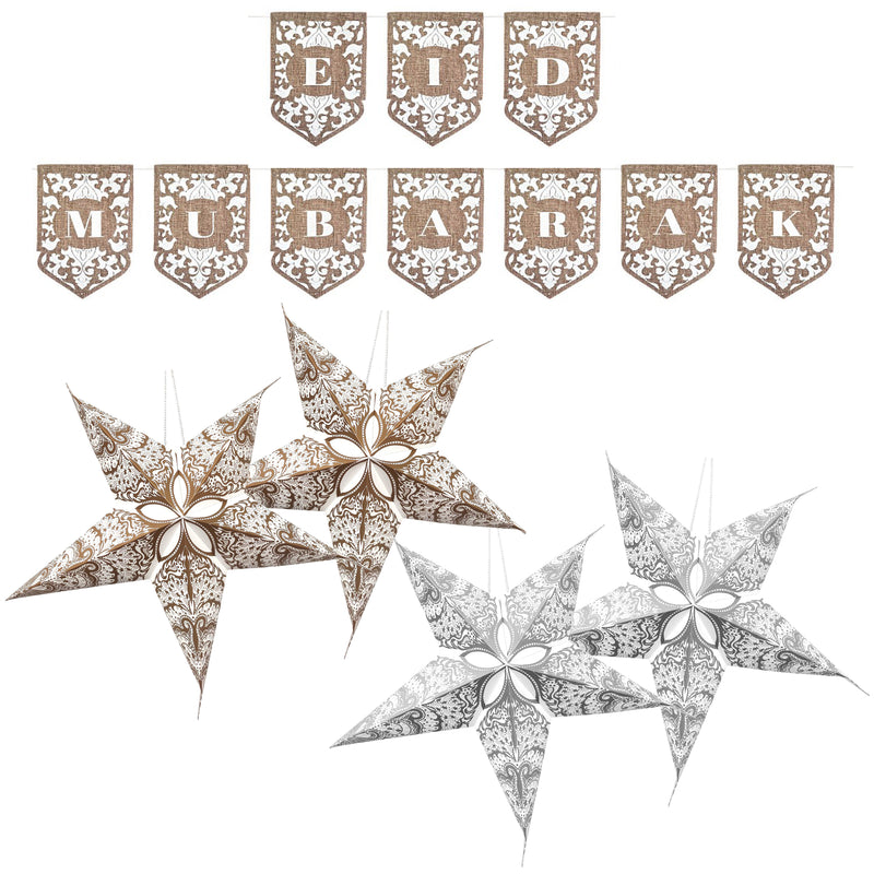 Gold, Silver & White Hessian 'Eid Mubarak' Bunting & Paper Stars Set (Set 22-8)