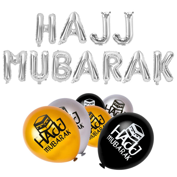 Silver Foil "Hajj Mubarak" Balloons & 15 x Hajj Balloons: Set 8