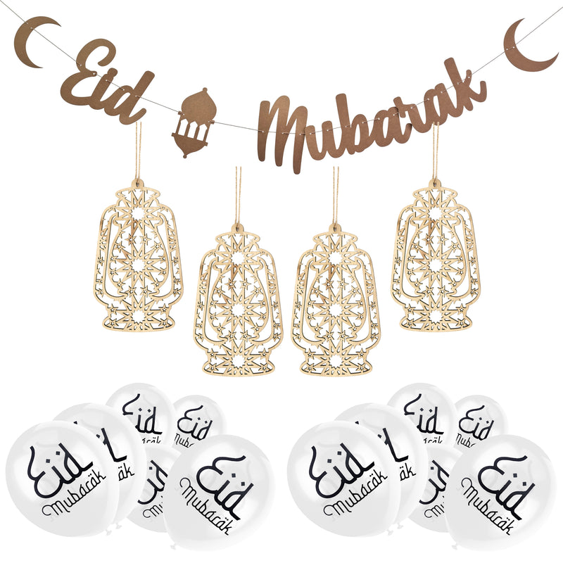 Natural 'Eid Mubarak' Card Garland, 4 x Wooden Lanterns & White Balloons Set (Set 22-9)