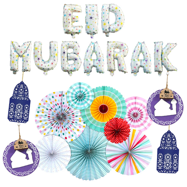 Pastel Paper Fans & Star Pattern Eid Mubarak Balloons & 4x Wooden Lantern Decoration Set