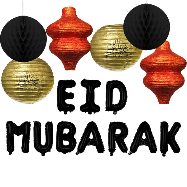 Set of 4 Assorted Paper Eid Hanging Lanterns, 2x Honeycomb Balls & Black Eid Mubarak Foil Letter Balloons