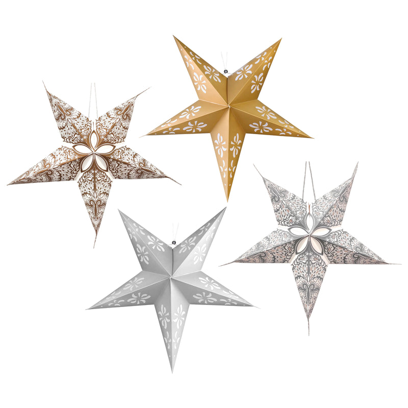 Set of 4 Large Gold, Silver and Paisley Paper Hanging Star Eid & Ramadan Decorations