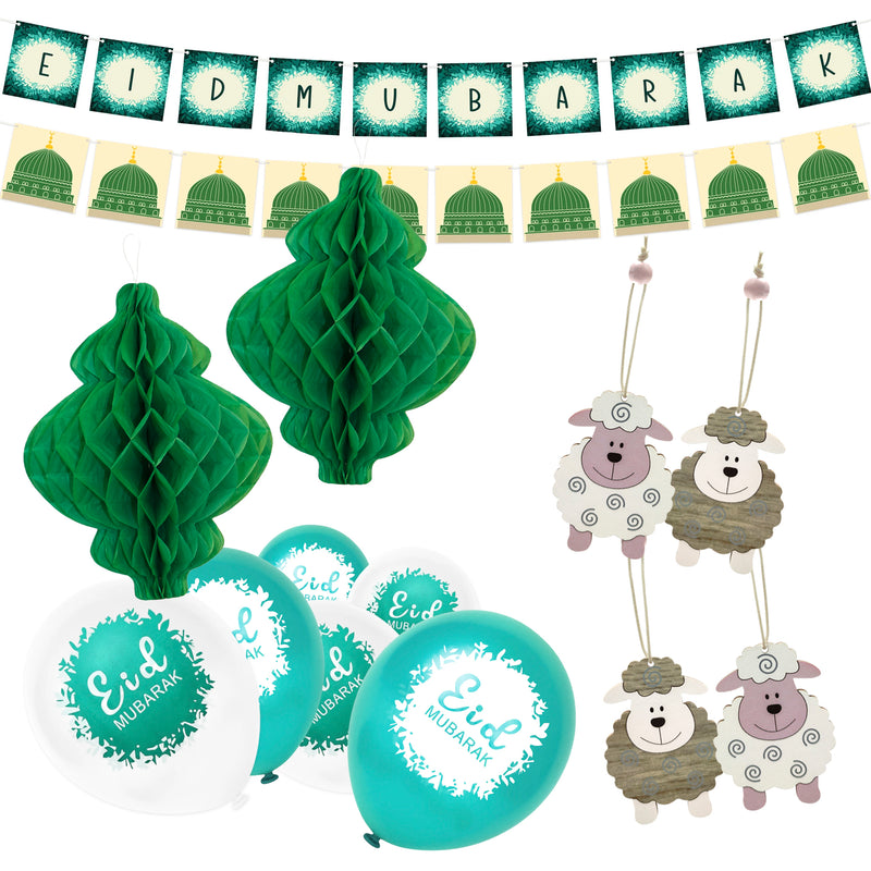 Eid al-Adha / Bakra / Kurban Bayram: Green Floral Bunting, Medina Bunting, 4pc Wooden Sheep, 2pc Green Paper Lantern + Balloon Decoration SET 52