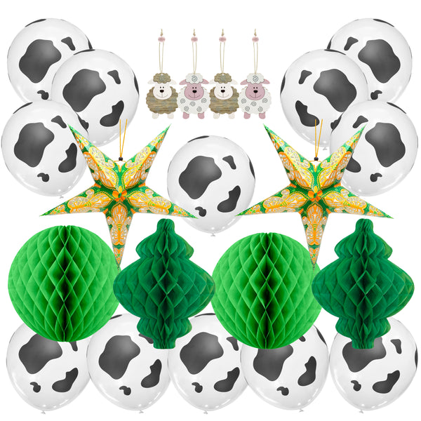 12 Print Cow Balloons, 4 Green Paper Lanterns, 2 Paper Stars & 4 Sheep Eid al-Adha Decoration Set
