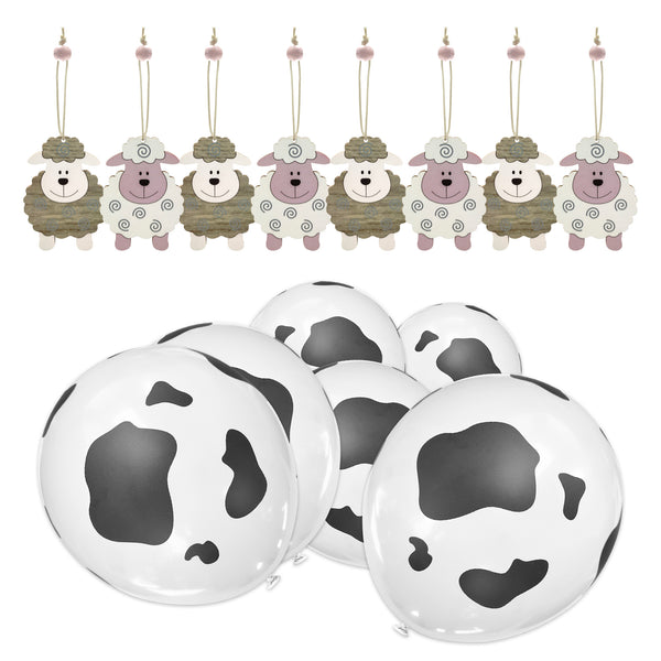 Pack of 12 Cow Print Balloons & 8 Wooden Sheep Hanging Eid al-Adha Decorations