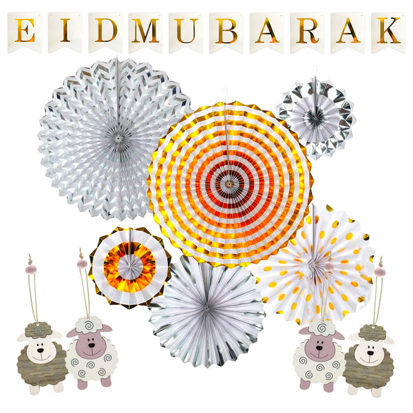 Eid al-Adha / Bakra / Kurban Bayram: White Bunting, Gold & Silver Fans & 4pc Sheep Decoration SET 45