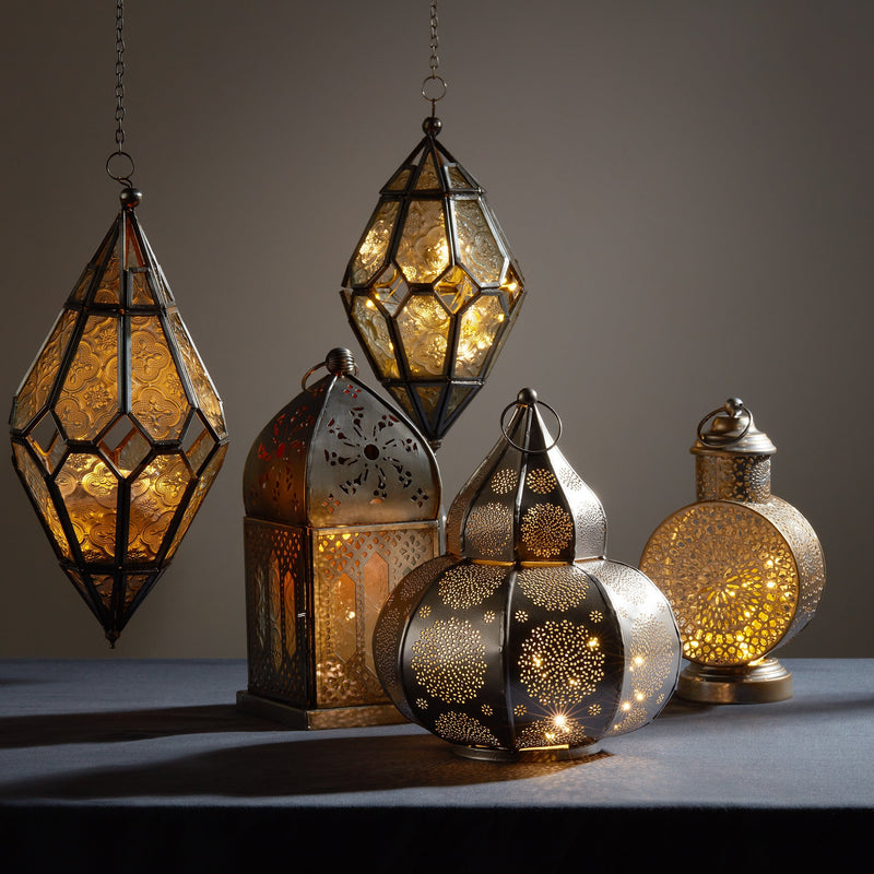 Large Silver Powder-Coated Perforated Iron Metal Tea Light Candle Lantern (LAN-538)