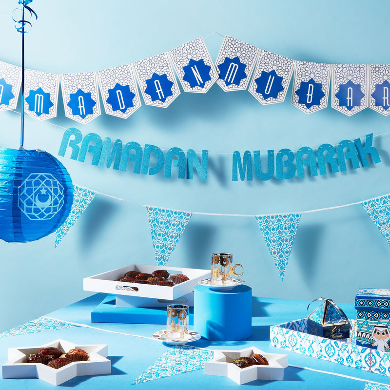 Blue Glitter Letter Ramadan Mubarak & Blue Ottoman Pattern Bunting