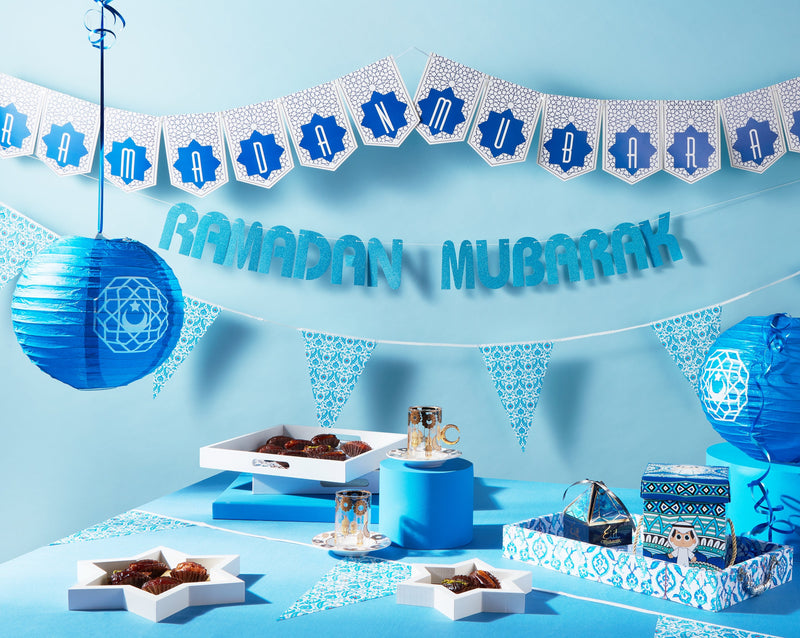 Blue Ottoman Ramadan Mubarak Bunting with 4 Paper Lanterns Decoration Set