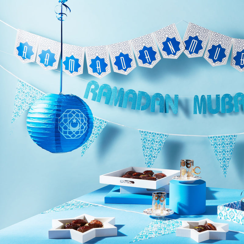 Blue Ottoman Ramadan Mubarak Bunting with 4x Silver Moon & Star Foil Balloons