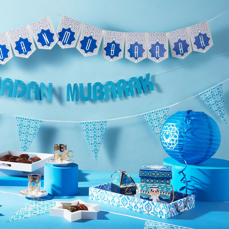Blue Ottoman Ramadan Mubarak Bunting with 15 Gold, White & Blue Latex Balloons