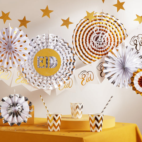 Set of 6 Gold & Silver Eid & Ramadan Hanging Concertina Fan Decorations