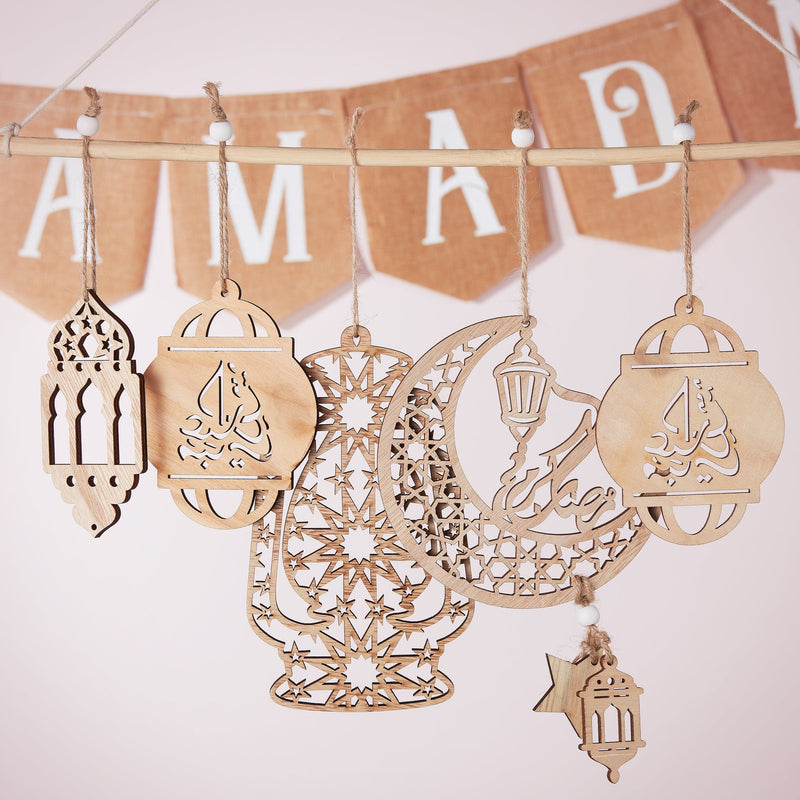 Small Natural Wooden Ramadan / Eid Hanging Lantern Hanging Decorations