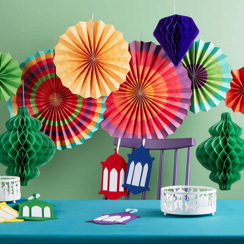 Set of 6 Assorted Plain Multicolour Concertina Paper Fan Hanging Decorations