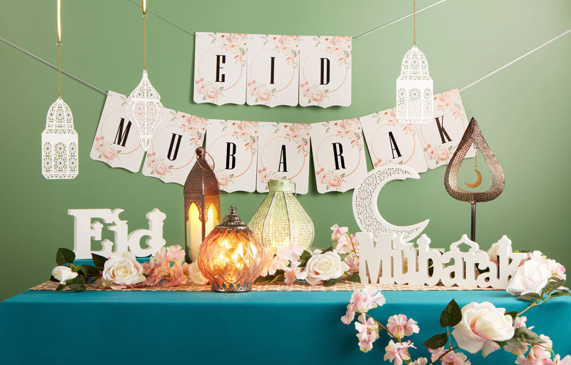Eid Mubarak Floral Bunting, Rose Gold Foil Letter Balloons, Rose Gold & White Latex Balloons & 4 Paper Hanging Decorations Set