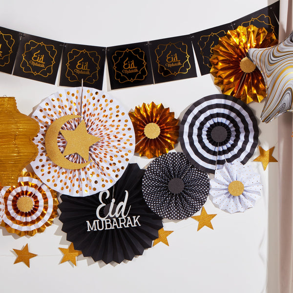 Set of 8 Gold & Black Eid & Ramadan Hanging Concertina Fan Decorations