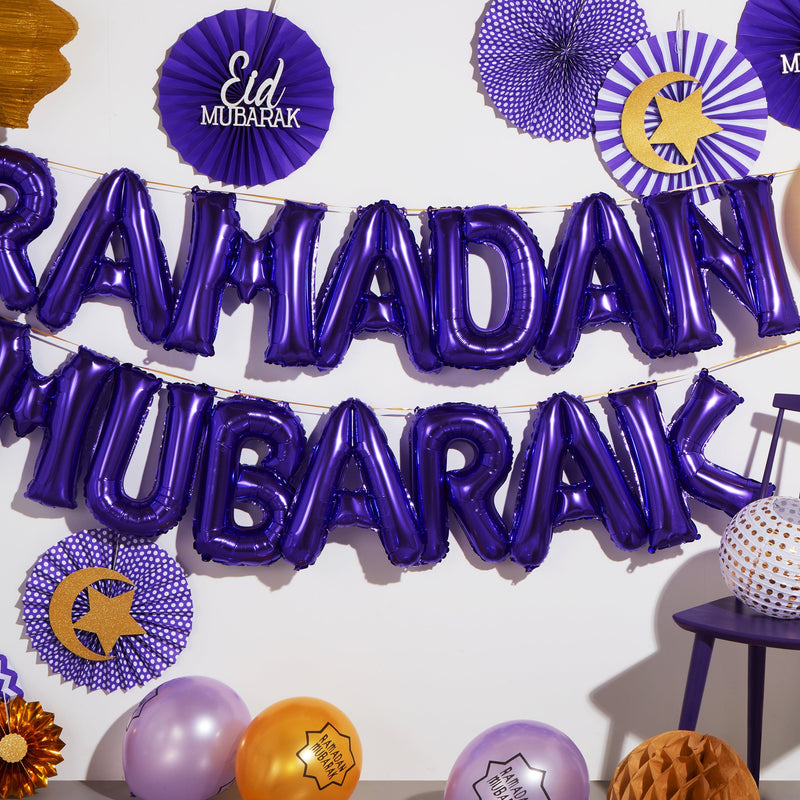 Purple, Gold & Multicolour Ramadan Mubarak Fan, Bunting & Balloon Set 8/21