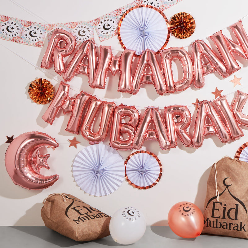 White & Rose Gold Ramadan Mubarak Moon & Star Balloons (12 Pack)