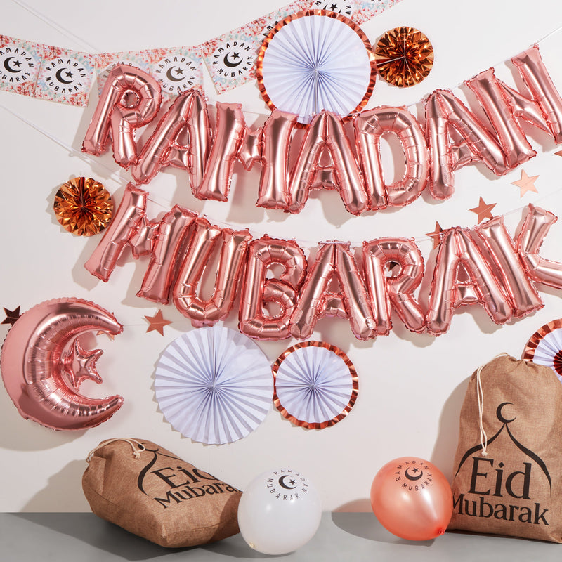 Floral Ramadan Mubarak Bunting, Rose Gold Paper Fans, Latex & Foil Balloons Set