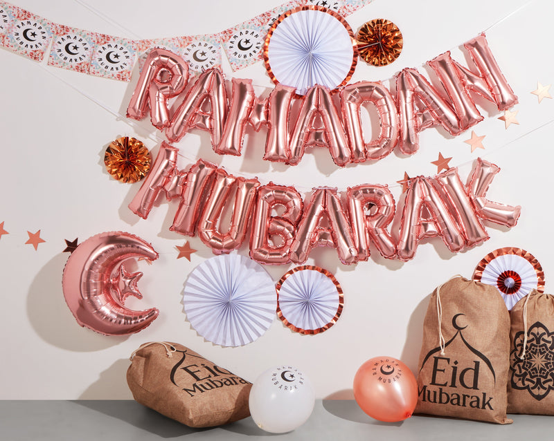 Floral Ramadan Mubarak Bunting, Rose Gold Paper Fans & Matching Balloons Set