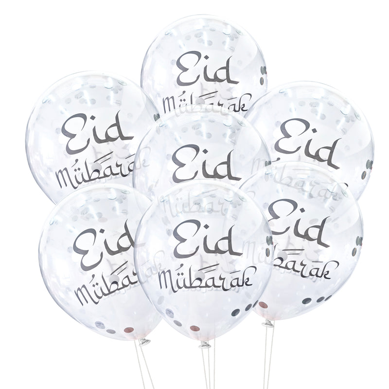 Silver Eid Mubarak Confetti Latex Party Balloons (12 Pack)