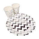 Silver Metallic Chevron Pattern Paper Plates & Cups Set (10x Plates, 10x Cups)