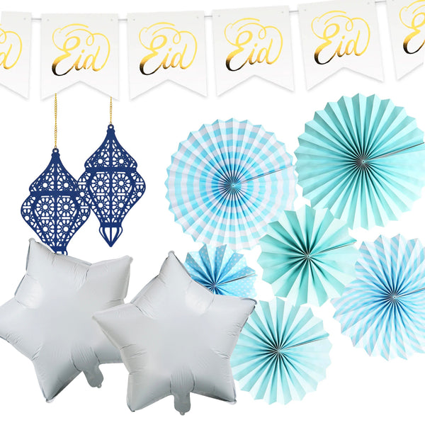 Eid Mubarak White Bunting, Blue Pastel Paper Fans, Blue Foil Star Balloons & Blue Wooden Lanterns