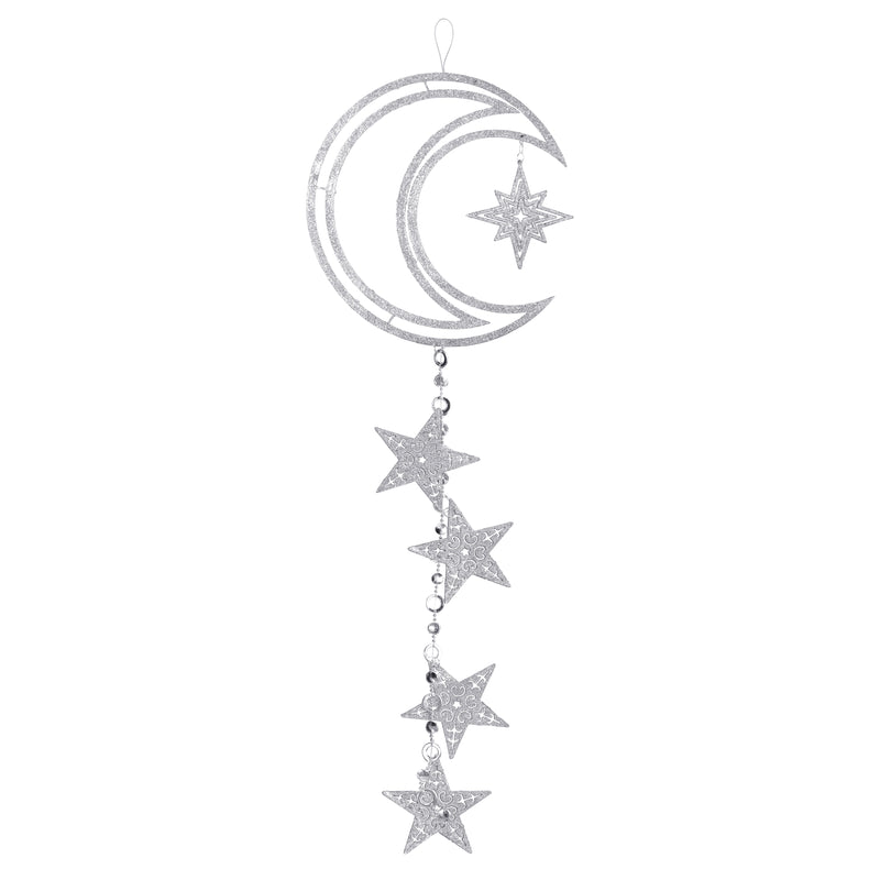 Large Silver Glitter Crescent Moon & Stars Hanging Decoration