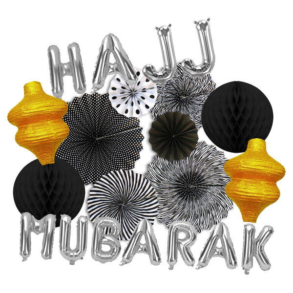 Hajj Mubarak Silver Foil Balloons, Black/White Paper Fans, 2x Lanterns & 2x Honeycomb Balls Decoration Set