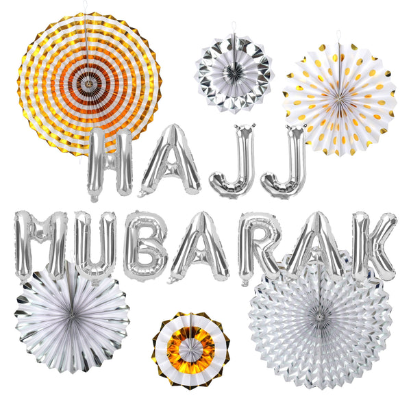Hajj Mubarak Silver Foil Balloons & Gold/Silver Paper Fans Decorations Set
