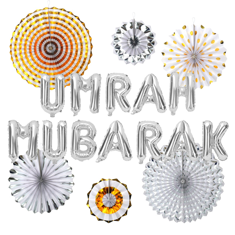 Umrah Mubarak Silver Foil Balloons & Gold/Silver Paper Fans Decorations Set