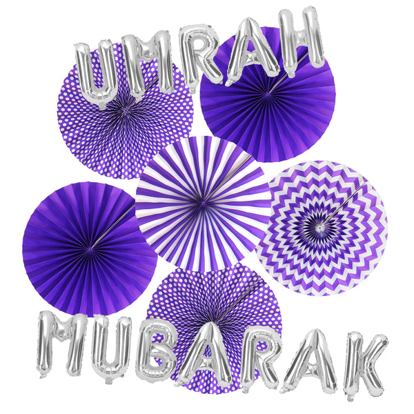 Umrah Mubarak Silver Foil Balloons & Purple Paper Fans Decorations Set