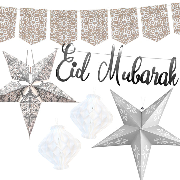 Silver Paper Hanging Stars, Eid Mubarak Calligraphy Bunting, Hessian Geometric Bunting & White Paper Lanterns Set