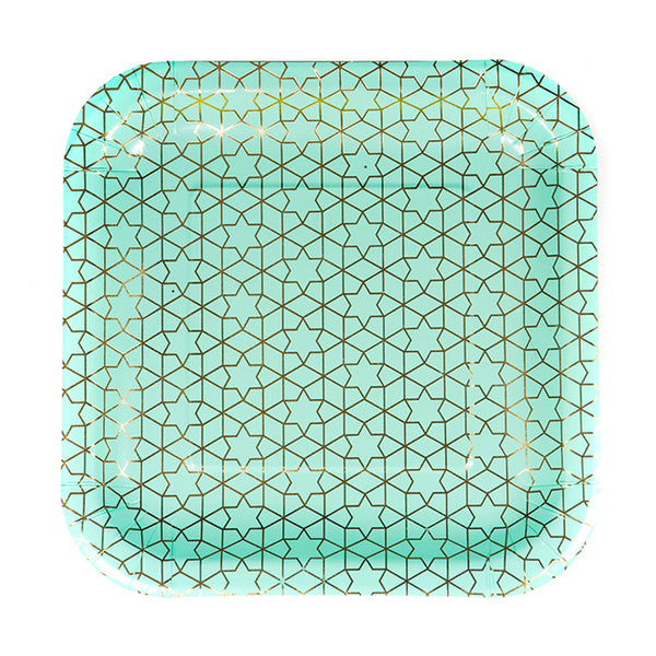Pack of 8 Large Mint Geometric Star Pattern Square Paper Plates