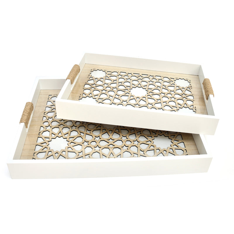 2pc Rectangle Natural Wood & White Iftar Tray Set - Tea Serving Trays - Hessian Rope Handles
