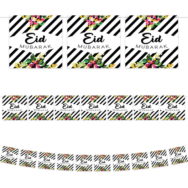 Floral Black & White Striped Eid Mubarak Square Card Bunting - 2 meters