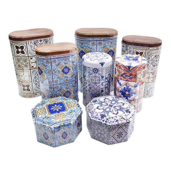 Set of 2 Blue Oval Ornate Tile Decorative Iftar Treat Tins