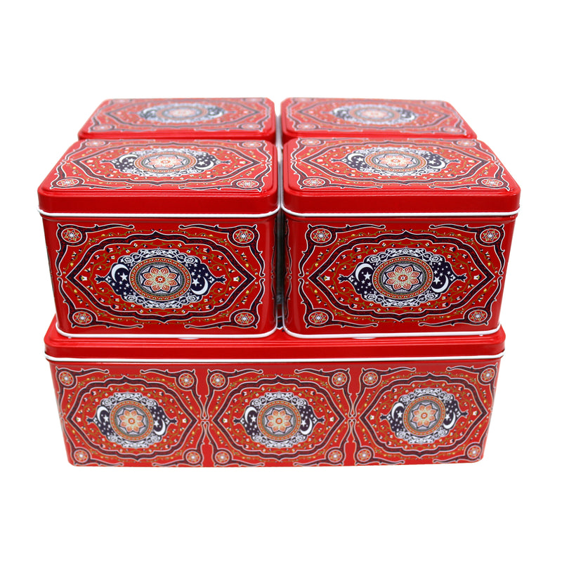 Set of 5 Red Moon & Star Rectangle Small & Large Treat Tins