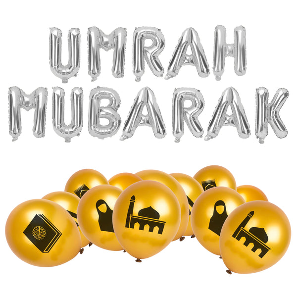 Silver Foil "Umrah Mubarak" Balloons w/ 20 x Islamic Symbol Balloons