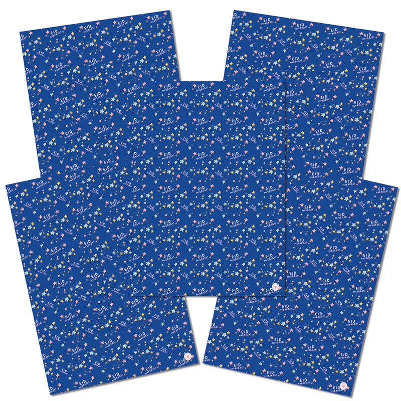 Blue Star Repeat Eid Mubarak Wrapping Paper - 70x50cm (5 Sheets)
